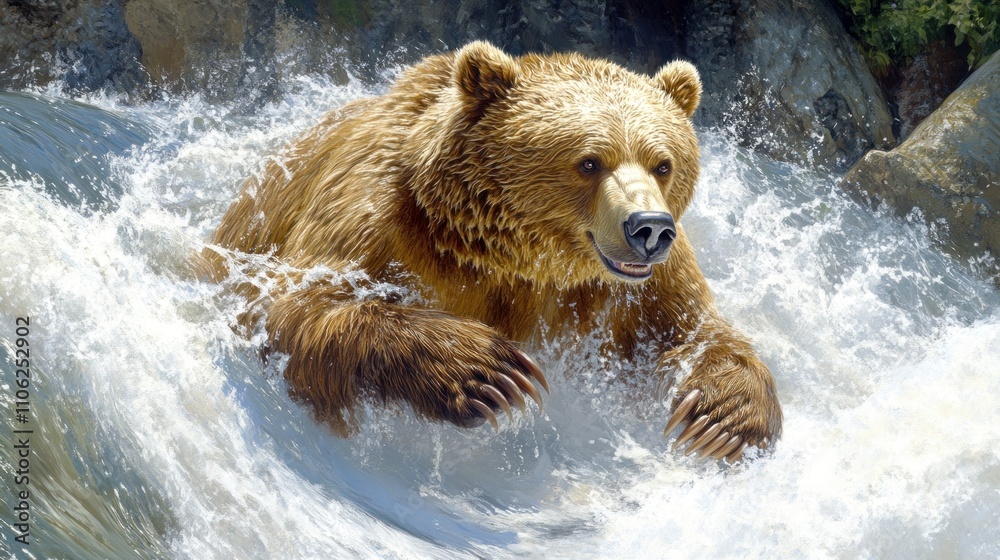 Fototapeta premium Grizzly bear fishing in a fast-flowing river.
