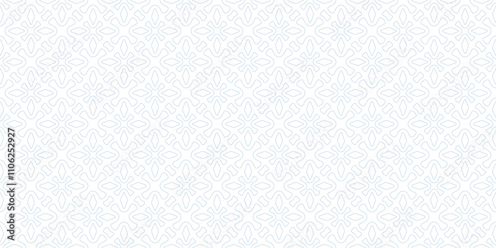 Linear vector geometric seamless pattern. Abstract minimal ornamental texture with flower silhouettes, leaves, crosses, outline shapes. Simple elegant blue and white background. Repeating geo design Linear vector geometric seamless pattern. Abstract minimal ornamental texture with flower silhouettes, leaves, crosses, outline shapes. Simple elegant blue and white background. Repeating geo design