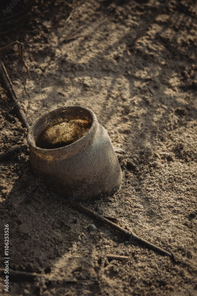 a weathered glass pot resting on a sandy surface. The pot is slightly tilted, revealing its round base and narrow opening a weathered glass pot resting on a sandy surface. The pot is slightly tilted, revealing its round base and narrow opening