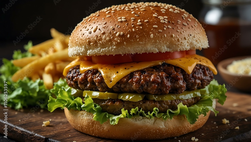 Homemade hamburger with lettuce and cheese. Homemade hamburger with lettuce and cheese.