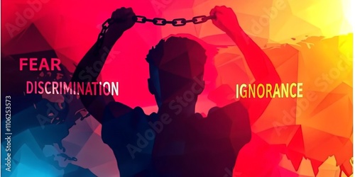 A figure breaking free from chains shaped like stigmatizing words (e.g., 