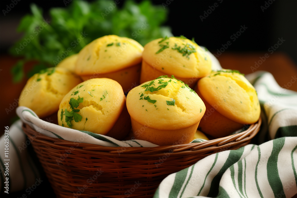 Cornbread muffins arranged in a basket lined with a checkered cloth, garnished with fresh parsley and accompanied by a small bowl of butter. Cornbread muffins arranged in a basket lined with a checkered cloth, garnished with fresh parsley and accompanied by a small bowl of butter.