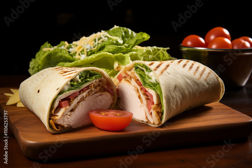 A fresh Chicken Caesar Wrap sliced open to reveal grilled chicken, crisp romaine lettuce, Parmesan cheese, and creamy Caesar dressing, served on a wooden plate with a side of cherry tomatoes.