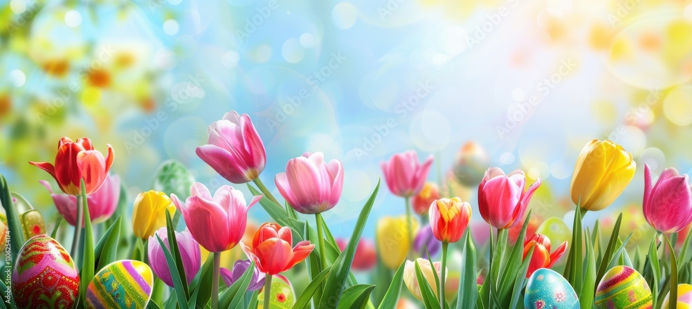 Vibrant Easter Garden with Blooming Tulips and Hidden Colorful Eggs in Spring Vibrant Easter Garden with Blooming Tulips and Hidden Colorful Eggs in Spring