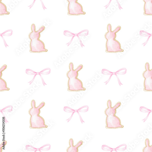 Easter bunny gingerbread, bow. Watercolor seamless pattern on white background in pastel colors. Cute illustration for Easter