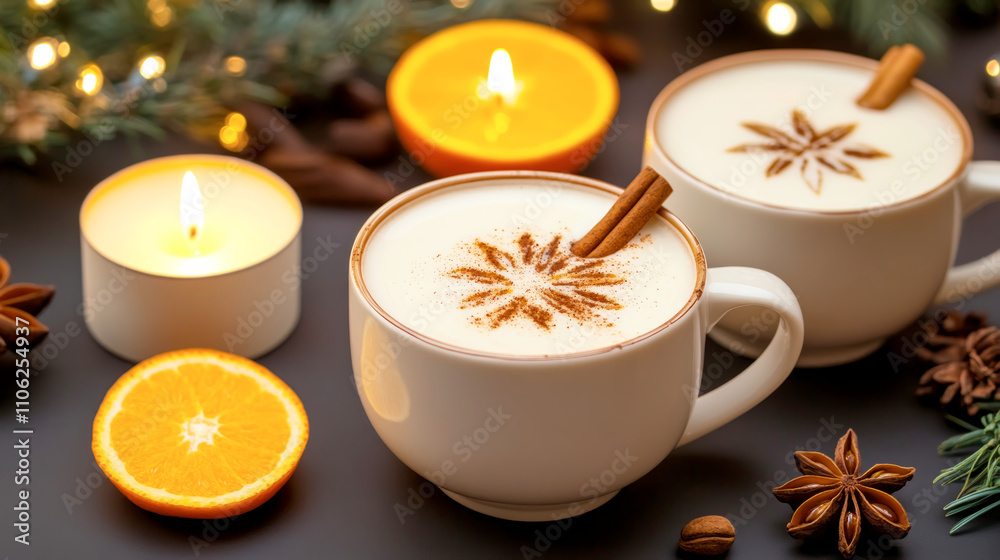 Warm festive atmosphere with candles, creamy coffee, and seasonal spices inviting relaxation and joy Warm festive atmosphere with candles, creamy coffee, and seasonal spices inviting relaxation and joy