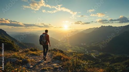 Hiker enjoying mountain view at sunset