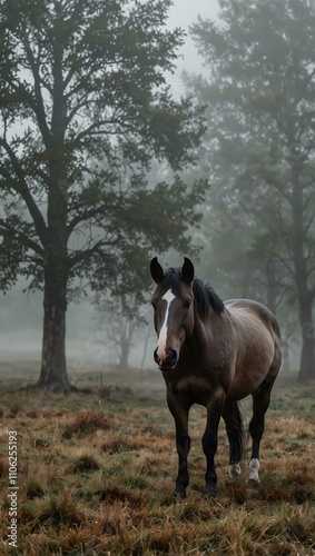 Horse in foggy surroundings.