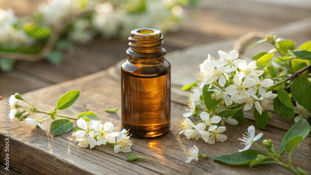 Glass oil bottle with jasmine flowers Glass oil bottle with jasmine flowers