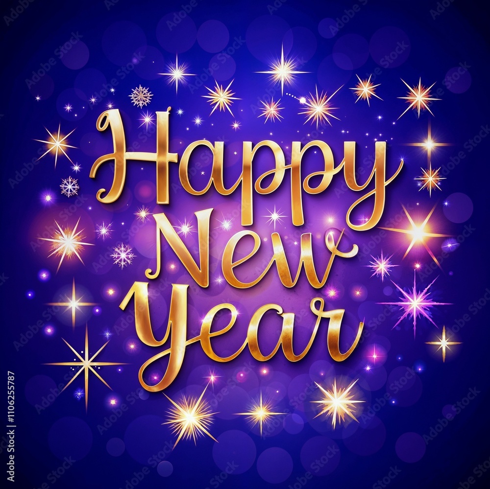 Happy New Year text with sparkling lights and festive background in gold and purple colors