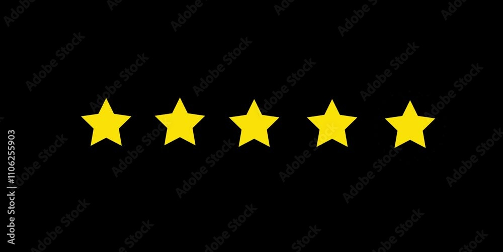 Special with rating star icon animation. Golden glowing five star flat symbol animation with transparent black background. Customer feedback, 5 star rating 4k animation video.