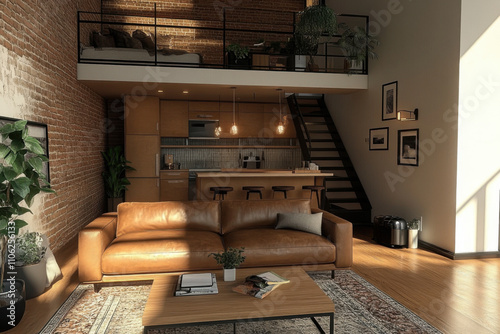 Modern open plan loft apartment interior with brick wall and mezzanine