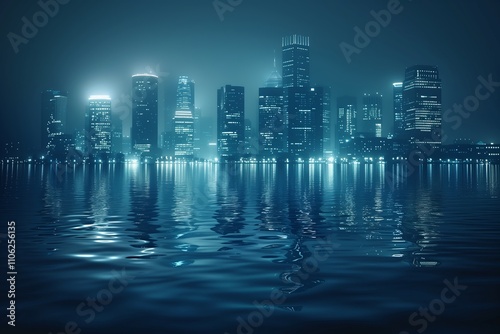 City skyline reflecting on calm water at night. photo