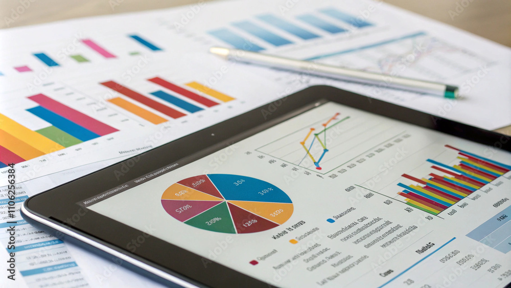 Data analysis and visualization tools used on tablet and paper reports in a modern office workspace for business insights Data analysis and visualization tools used on tablet and paper reports in a modern office workspace for business insights