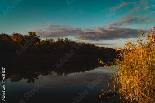 a serene landscape featuring a calm river at sunset. On the left side of the image, tall grass and reeds with golden hues line the edge of the water, indicating the warm light of the setting sun photo