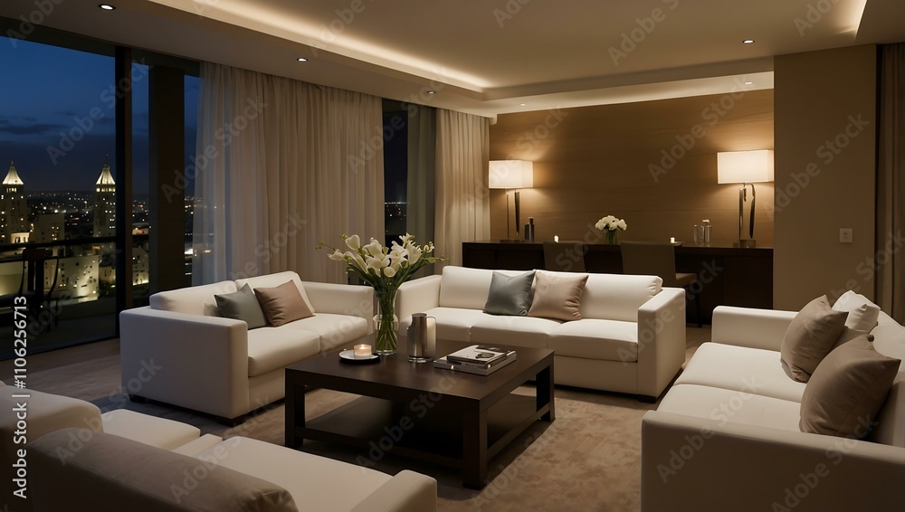 Fototapeta premium Hotel living room with white seating and ambient lighting.