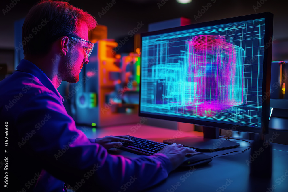 Engineer conducts data analysis in high-tech control room during evening hours Engineer conducts data analysis in high-tech control room during evening hours