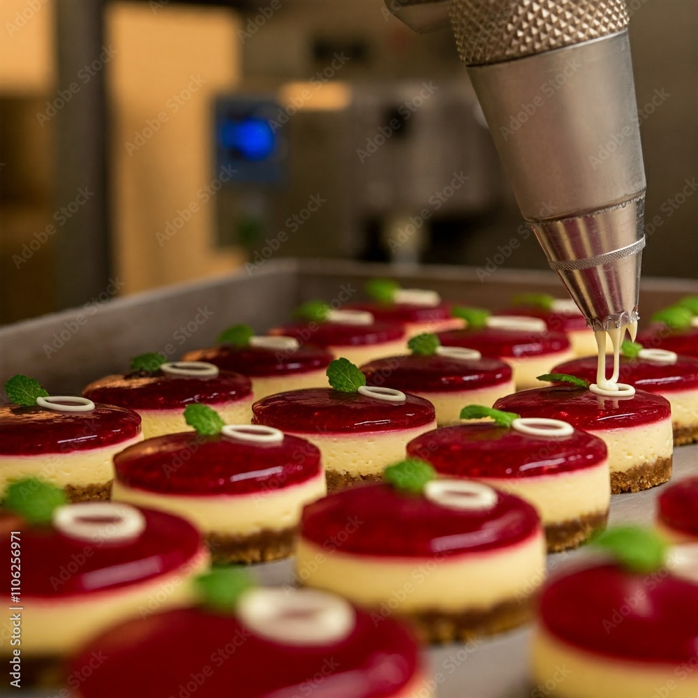 Cheesecake Bites with Raspberry Glaze on a Conveyor Belt Cheesecake Bites with Raspberry Glaze on a Conveyor Belt