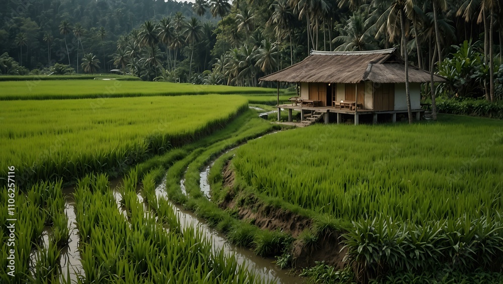 House in the forest surrounded by rice fields. House in the forest surrounded by rice fields.