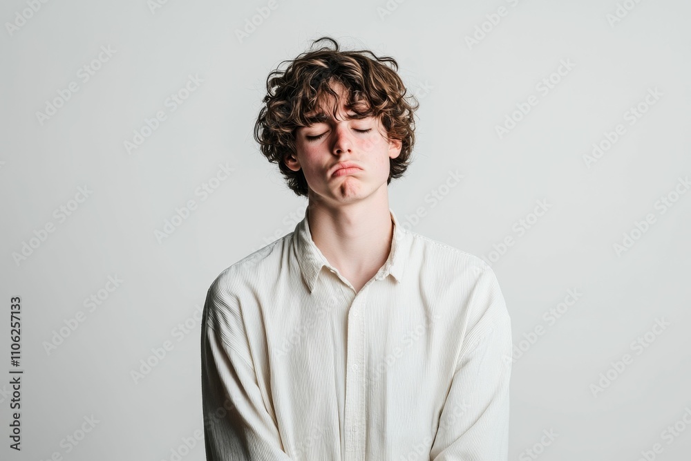 Young man, eyes closed, white shirt, neutral background. Young man, eyes closed, white shirt, neutral background.