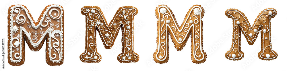 Obraz premium Alphabet M, made with gingerbread cookie, Logo design, letter, isolated on a transparent background
