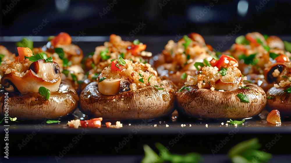 Stuffed mushrooms on a baking sheet: A row of mushrooms filled with breadcrumbs and herbs, ready to go into the oven.