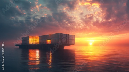 Offshore Container Handling Platform at Dawn: Ultra-Sharp Marine Logistics Engineering and Specialized Containers for Extreme Ocean Transport Challenges. photo