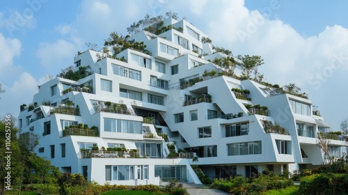 Modern Architectural Marvel: The C-Shaped Hillside Residence - Striking white building, C-shaped design, hillside location, green terraces, innovative architecture.  Symbolizes modern living, sustaina photo