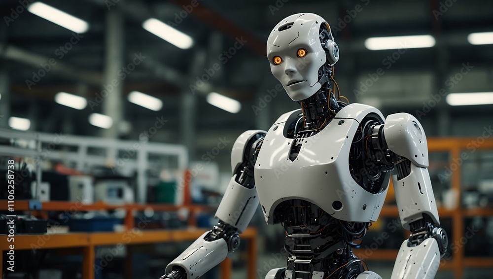 Humanoid robot working in a factory. Humanoid robot working in a factory.