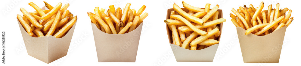 Fried French fries in craft carton box, blank package design mockup, set collection on transparent cutout background, PNG file. Mockup clipart template Fried French fries in craft carton box, blank package design mockup, set collection on transparent cutout background, PNG file. Mockup clipart template