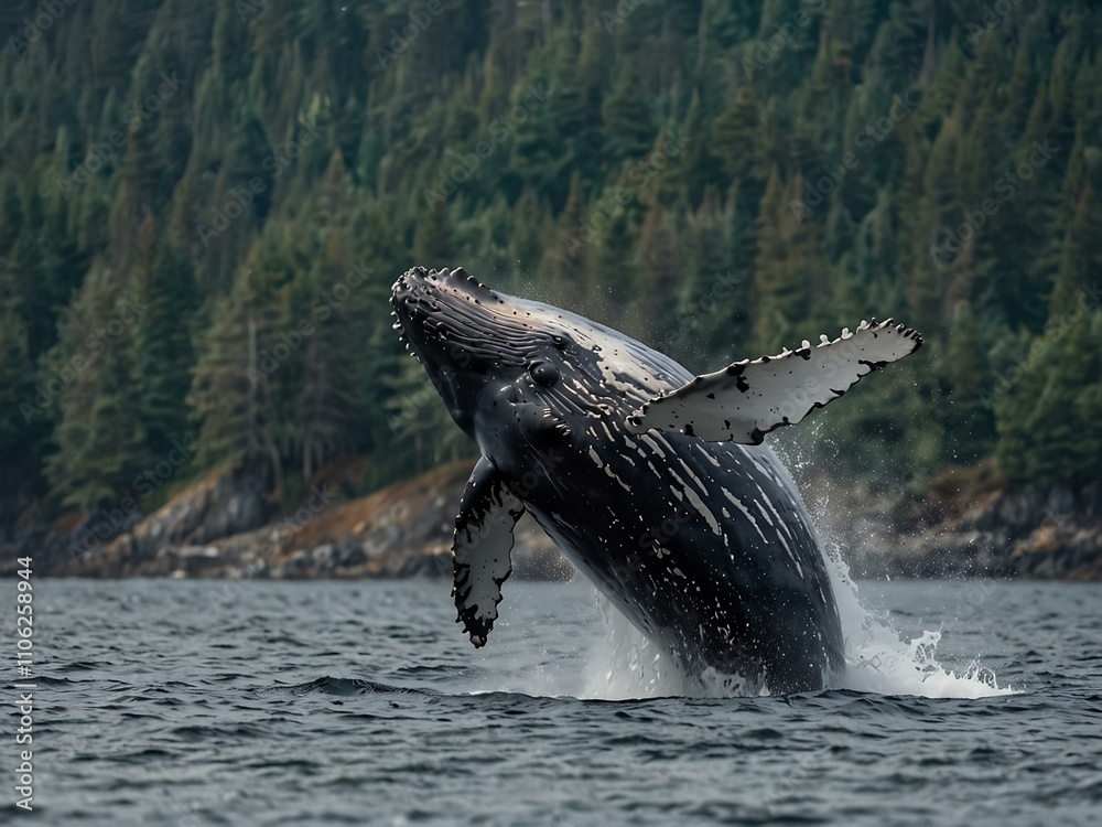 Fototapeta premium Humpback whale breaching off Vancouver Island.