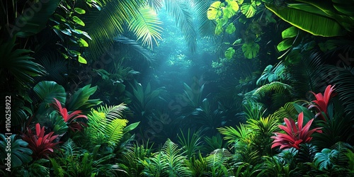 Lush tropical rainforest with vibrant plants and dappled sunlight filtering through the canopy