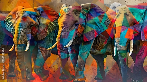 An Artistic Interpretation of Elephants Created with Bold Brushstrokes and Intricate Details, Capturing Their Majesty, Wisdom, and Grace in a Vibrant, Emotional Composition photo