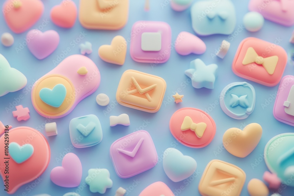 Naklejka premium Playful Pastel 3D Social Media Icons - Cute, colorful 3D social media icons, hearts, messages, bows, playful design, digital art.