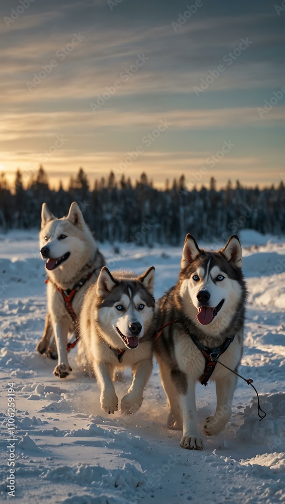 Husky dog sledding in Lapland’s winter landscape. Husky dog sledding in Lapland’s winter landscape.