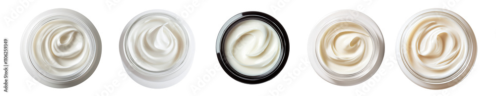 Opened jar of cosmetic white cream with a swirl of cream set collection on transparent cutout background, PNG file. Mockup clipart template Opened jar of cosmetic white cream with a swirl of cream set collection on transparent cutout background, PNG file. Mockup clipart template