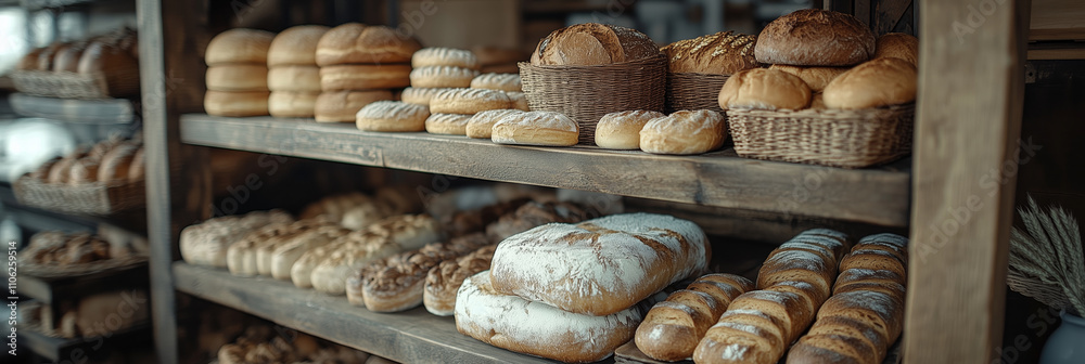 Freshly baked bread assortment displayed on rustic wooden shelves Freshly baked bread assortment displayed on rustic wooden shelves