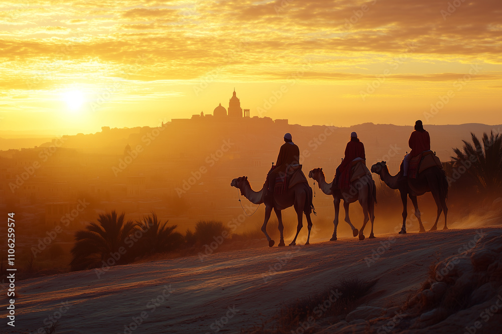Three Wise Men Traveling Through the Desert, Following the Star of Bethlehem. Night of the Three Wise Men. Day of the Three Wise Men. Nativity Scene
Three Wise Men Traveling Through the Desert, Following the Star of Bethlehem. Night of the Three Wise Men. Day of the Three Wise Men. Nativity Scene
