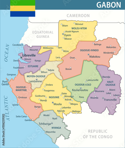 Gabon Map Vector New 2024 Colorful - Customizable layered political map of Gabon with administrative divisions for website, education, reports, news, politics, print, poster and wallpaper