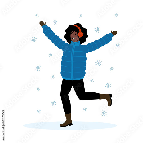 Joyful winter celebration with snowflakes and vibrant outfit in a snowy setting