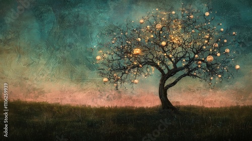 Twilight Tree Adorned with Glowing Orbs in a Mystical Landscape  
