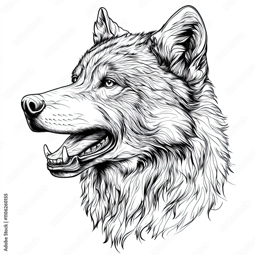 Fototapeta premium Stylized black and white illustration of a wolf's face with detailed fur and expressive features