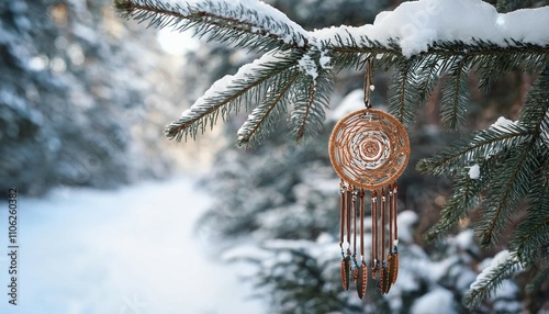 handmade wiccan amulet hanging on fir tree in winter snowy forest imbolc sabbath pagan holiday ritual magic dream catcher photo