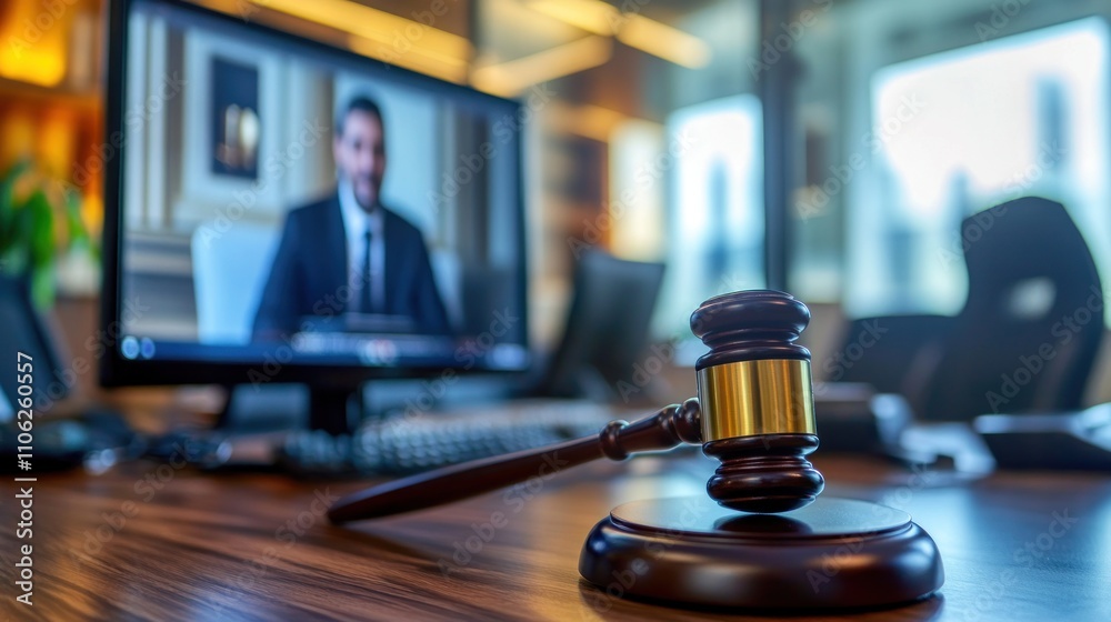 Gavel on desk with online court hearing on monitor. Gavel on desk with online court hearing on monitor.