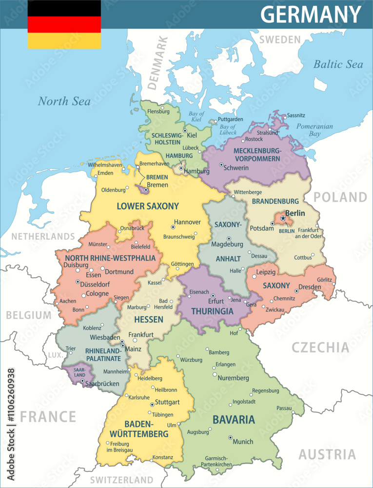 Obraz premium Germany Map Vector New 2024 Colorful - Customizable layered political map of Germany with administrative divisions for website, education, reports, news, politics, print, poster and wallpaper
