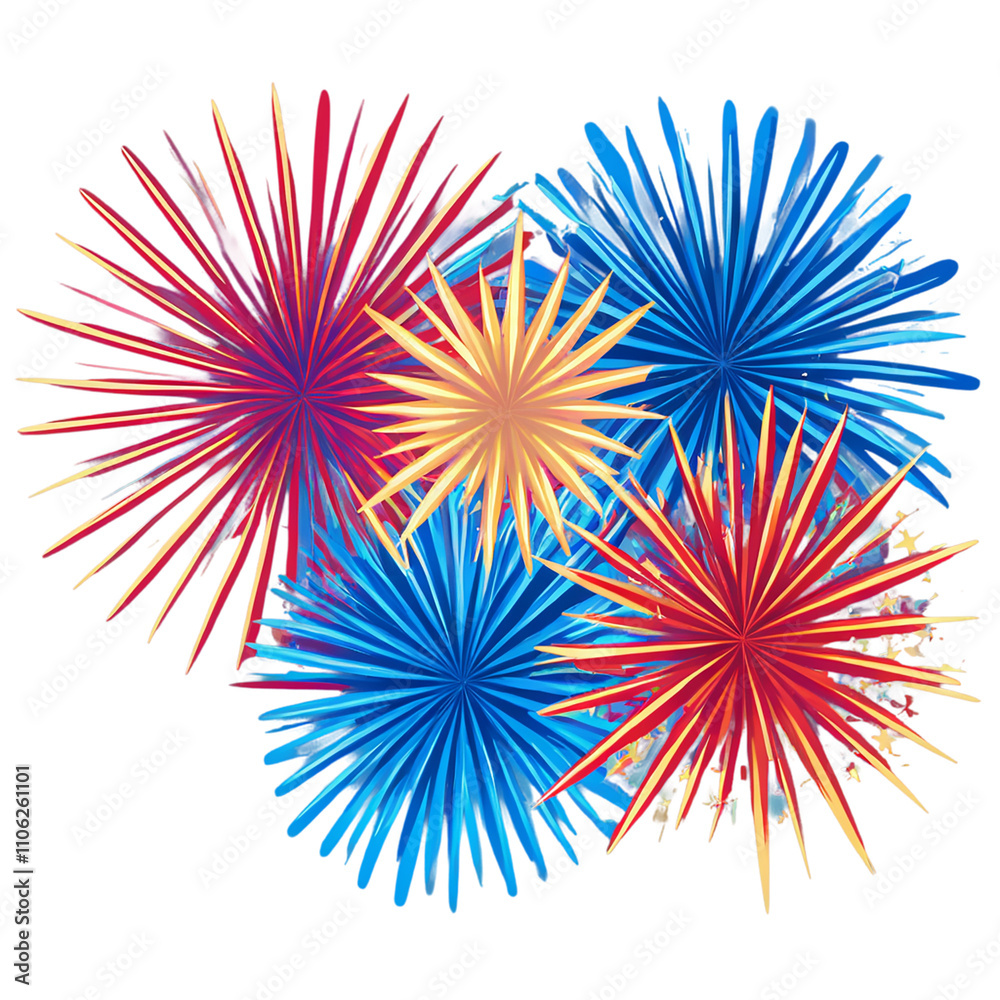 Vivid firework starbursts in red, blue, and gold, isolated for New Year celebration promotions or invitations. Vivid firework starbursts in red, blue, and gold, isolated for New Year celebration promotions or invitations.