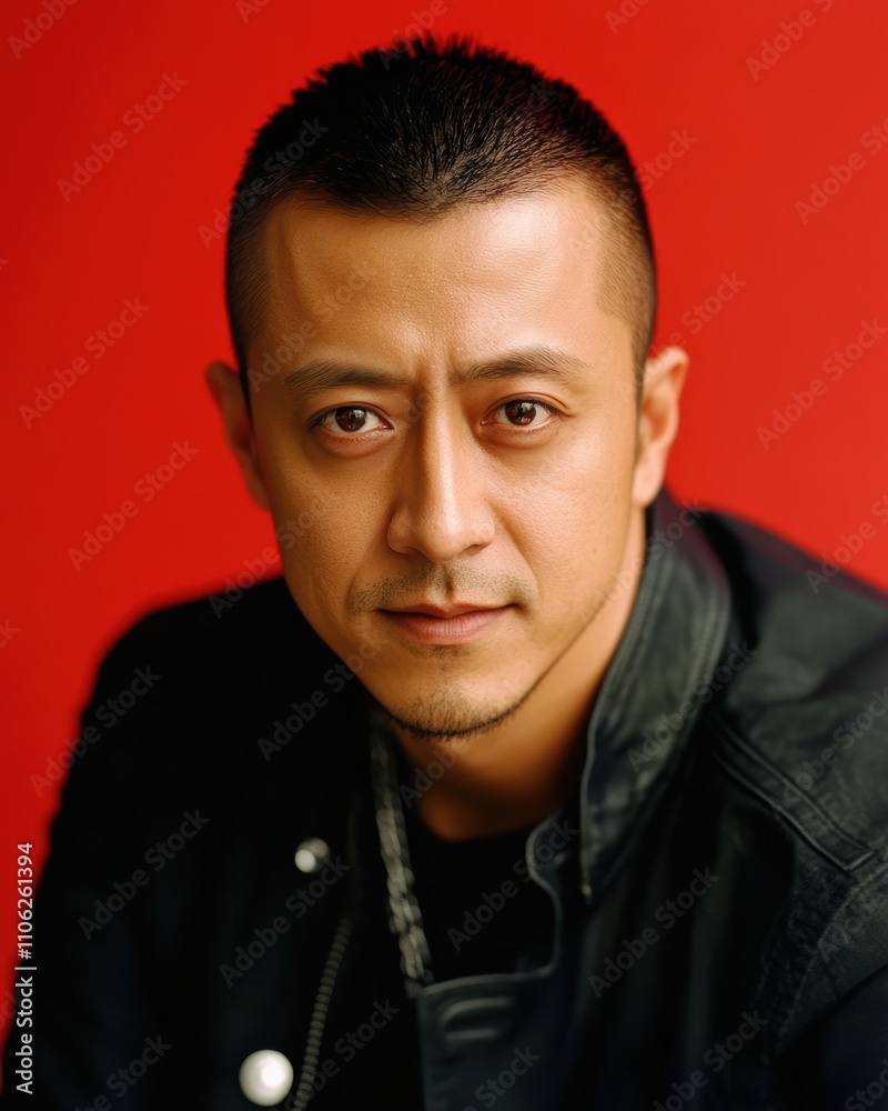 Fototapeta premium 赤い背景の前でポーズをとる男性の肖像