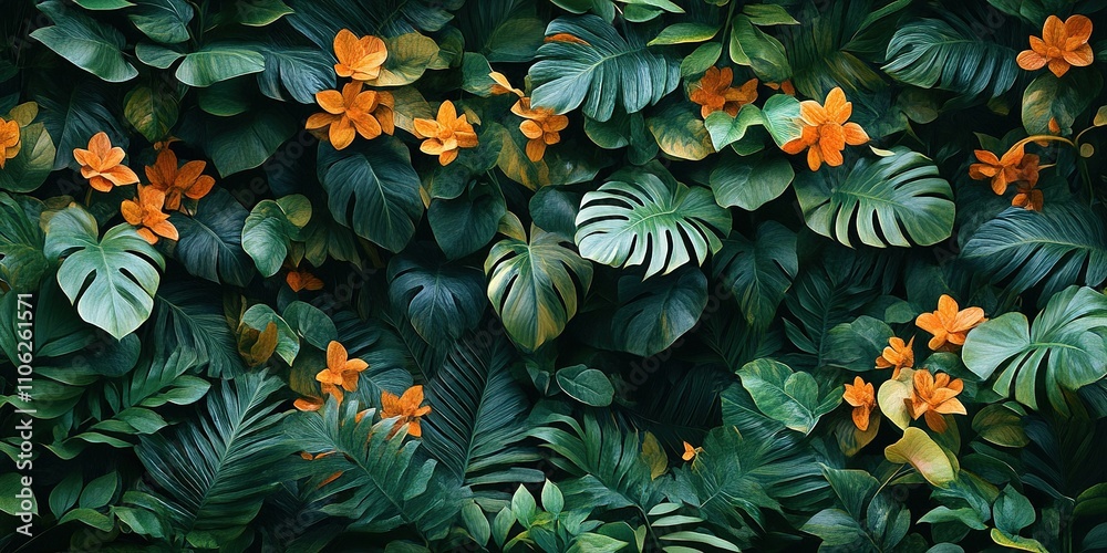 Naklejka premium Vibrant green leaves and orange flowers create a lush tropical backdrop in a sunny garden
