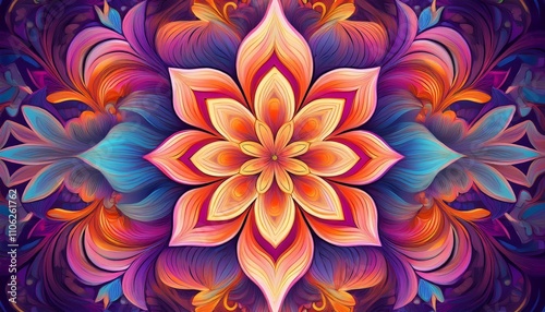 a vibrant abstract design featuring a symmetrical floral pattern with soft gradients of orange pink and blue against a purple background kaleidoscope with film grain effect