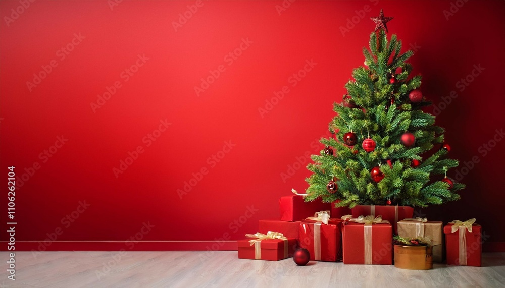 christmas tree with gifts on red background minimalistic christmas and new year concept simple studio setting against a flat color backdrop with copy space christmas tree with gifts on red background minimalistic christmas and new year concept simple studio setting against a flat color backdrop with copy space